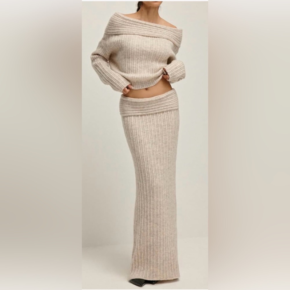 Cozy Ribbed Off-Shoulder Knit Top and Maxi Skirt Set - Beige